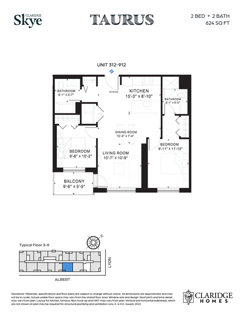 Floor plan for 2 beds, 2 baths, 883 sqft